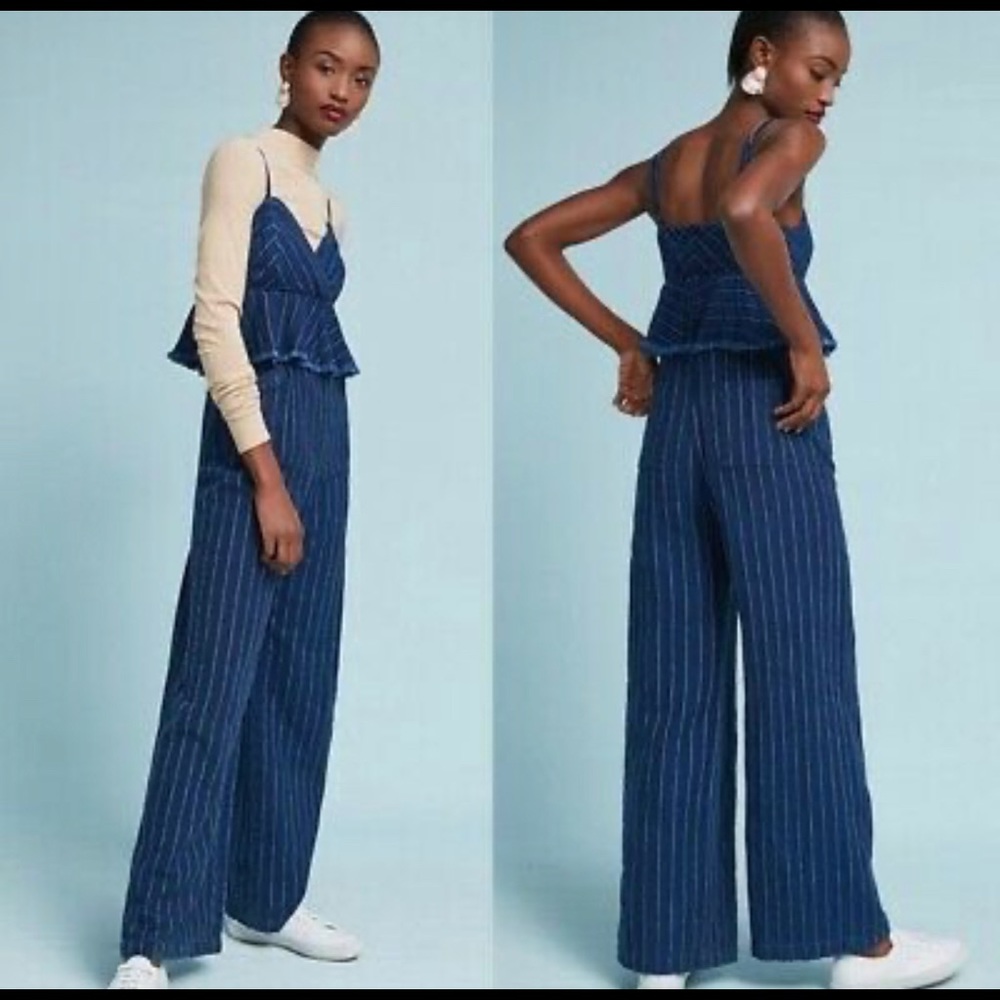 ETT TWA By Anthropologie Sleeveless Peplum Ruffle Stripe Denim Romper/Jumpsuit
